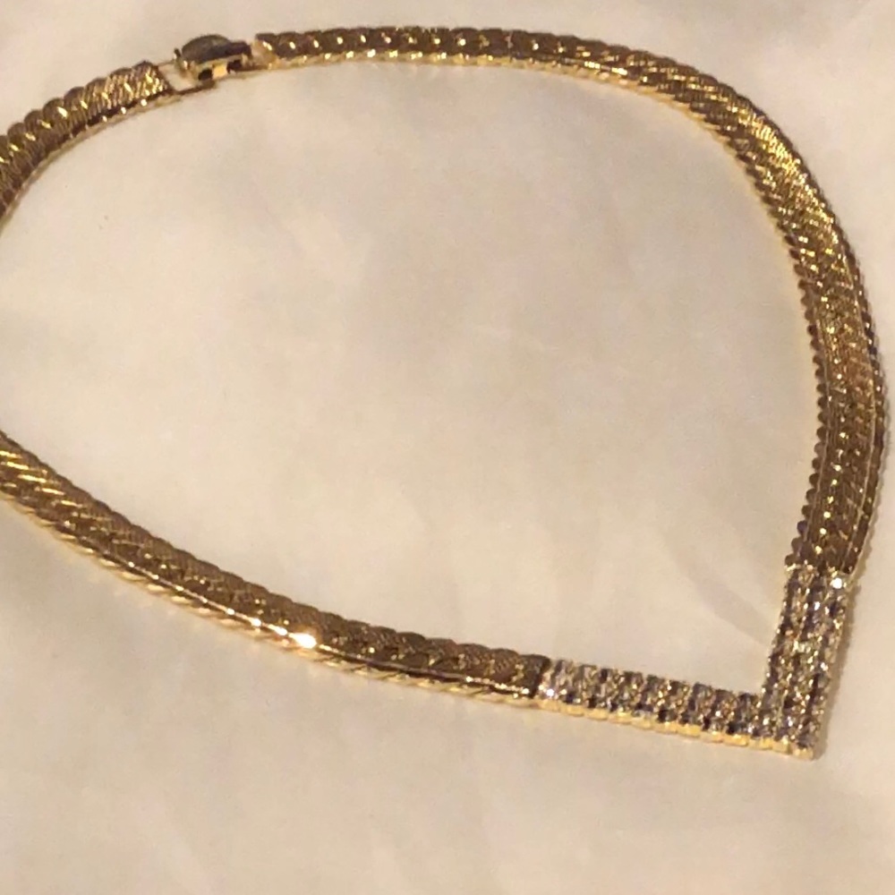 vintage Parklane herringbone V chain necklace with 2 tone cubic zirconia